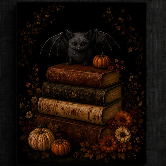 Charming Bat on Antique Books Artwork | Autumn Wall Art Print | Seasonal Refresh