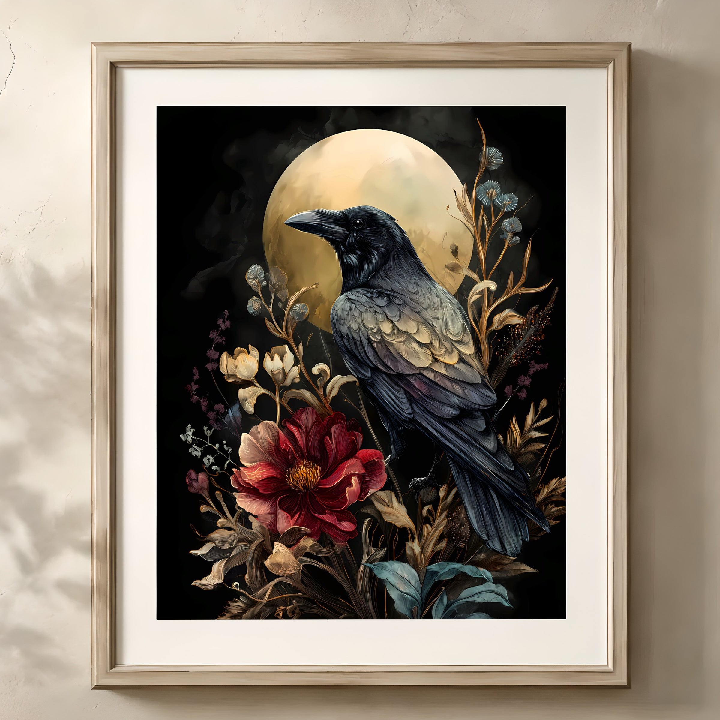 Enigmatic Raven with Floral Surrounding Print