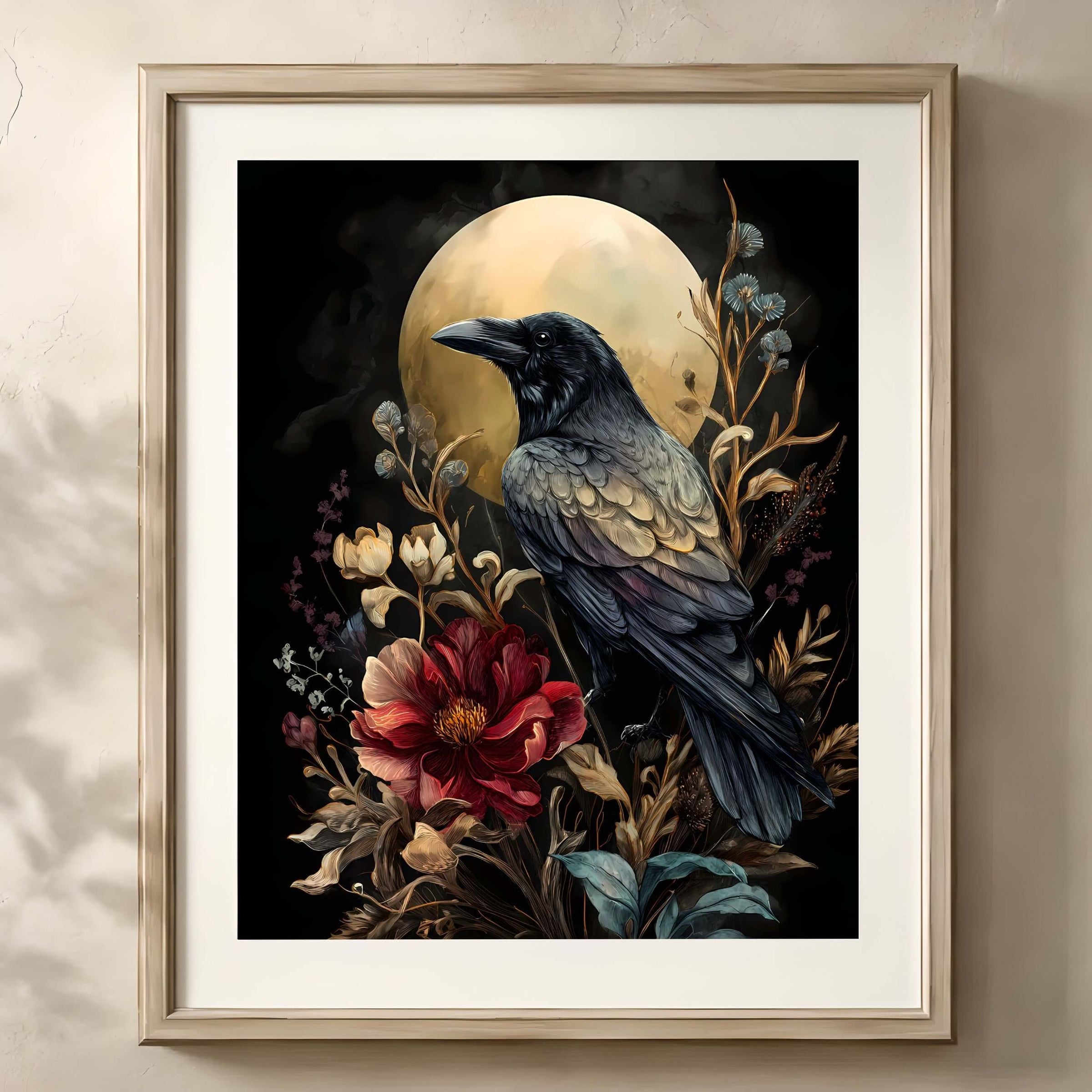 Enigmatic Raven with Floral Surrounding Print