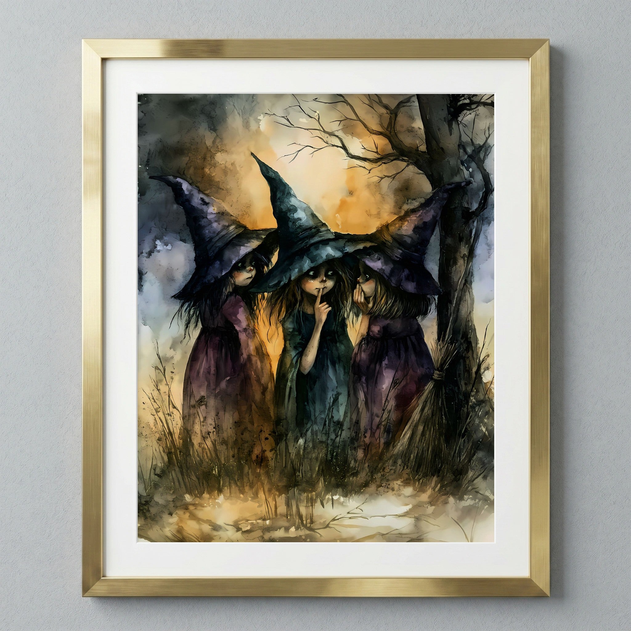 Whispering Witches Gathering — Framed artwork of three witches in a forest