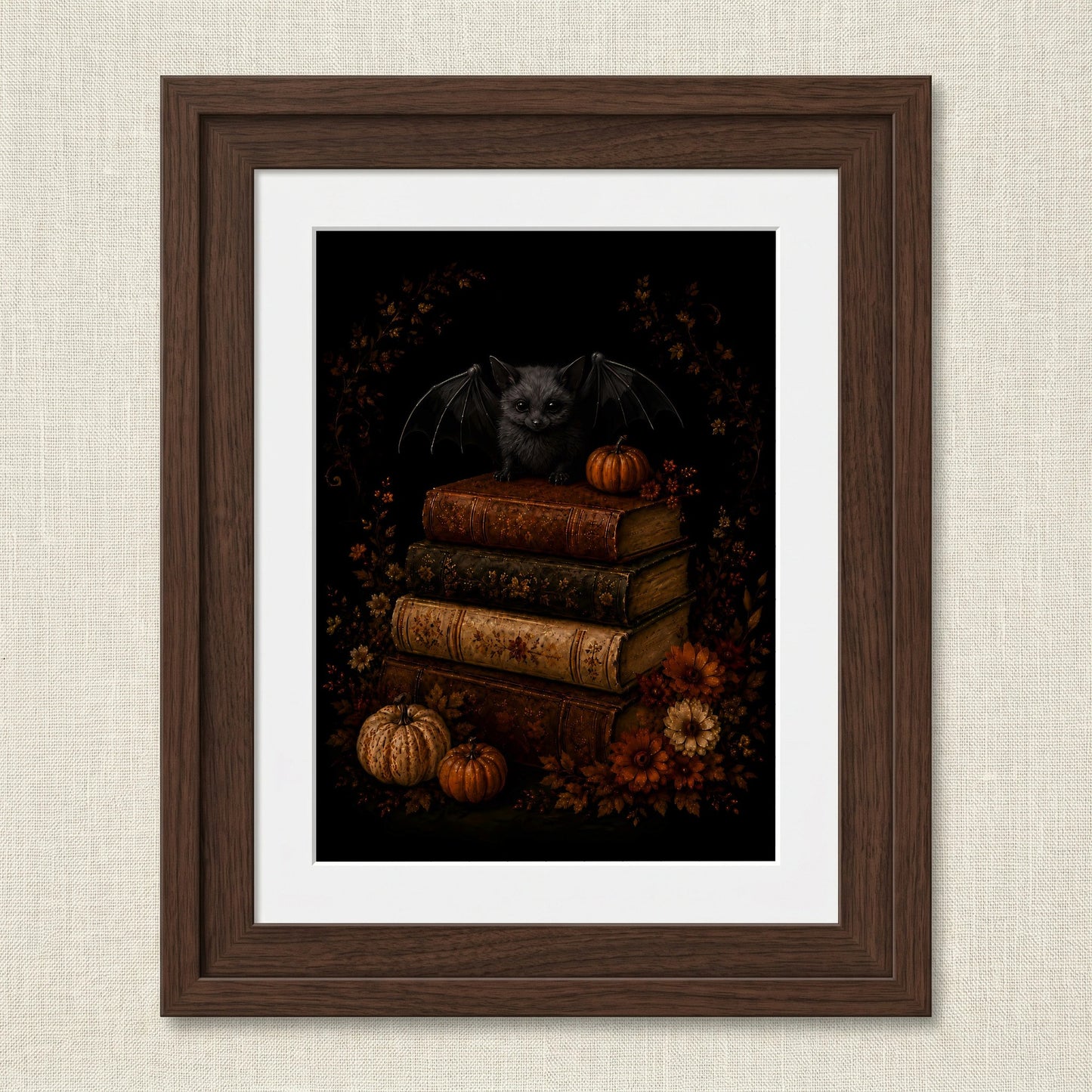Charming Bat on Antique Books Artwork | Autumn Wall Art Print | Seasonal Refresh