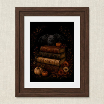 Charming Bat on Antique Books Artwork | Autumn Wall Art Print | Seasonal Refresh