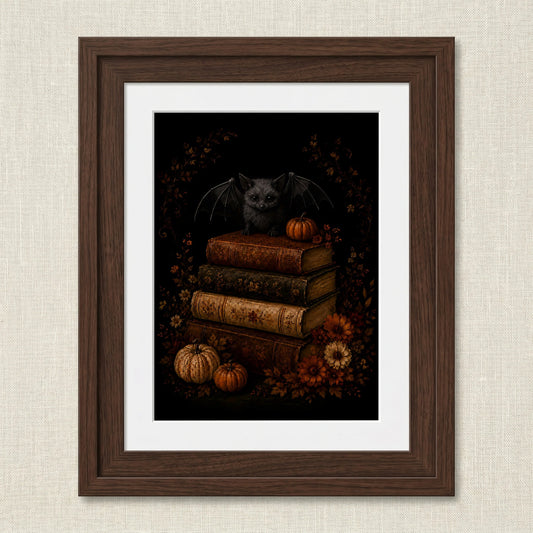 Charming Bat on Antique Books Artwork | Autumn Wall Art Print | Seasonal Refresh