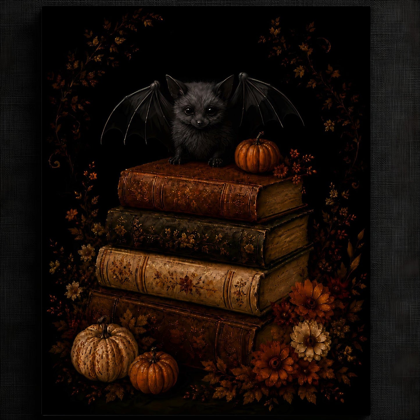 Charming Bat on Antique Books Artwork | Autumn Wall Art Print | Seasonal Refresh