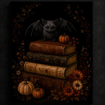 Charming Bat on Antique Books Artwork | Autumn Wall Art Print | Seasonal Refresh