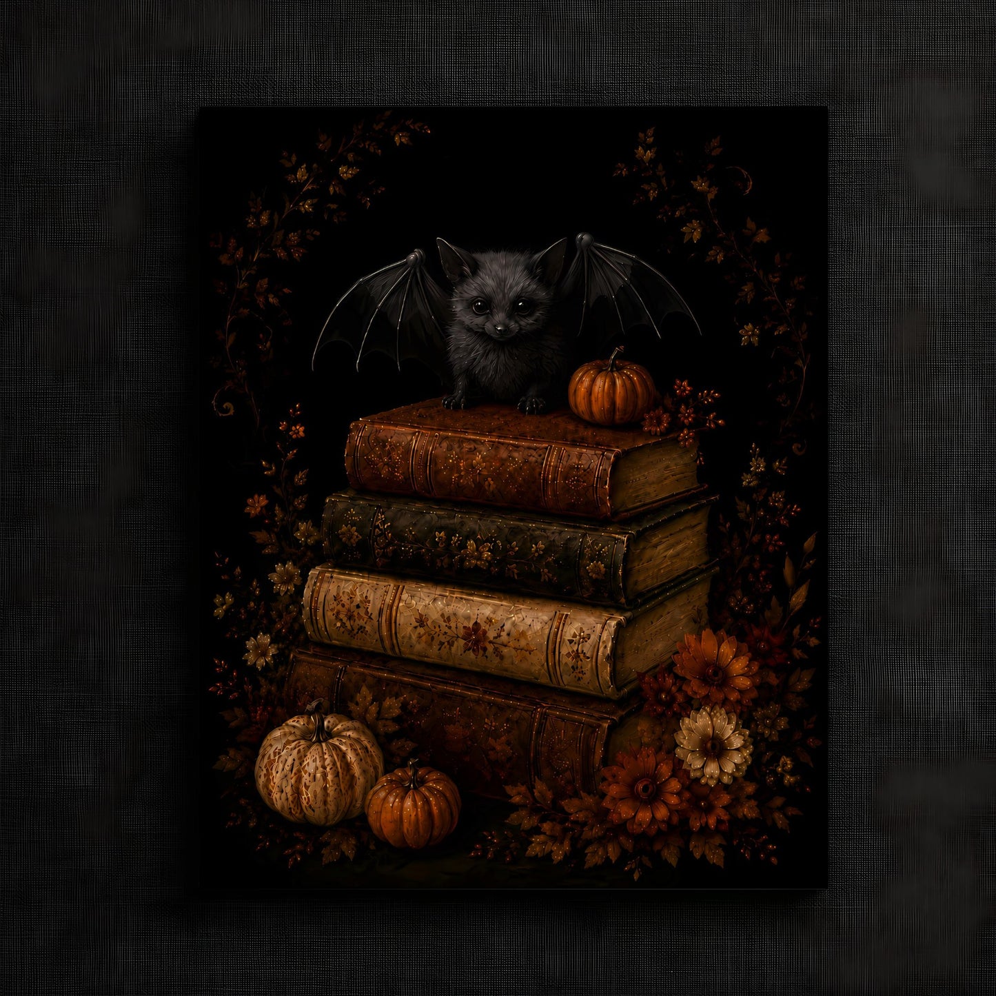 Charming Bat on Antique Books Artwork | Autumn Wall Art Print | Seasonal Refresh