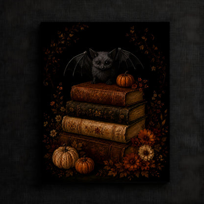 Charming Bat on Antique Books Artwork | Autumn Wall Art Print | Seasonal Refresh
