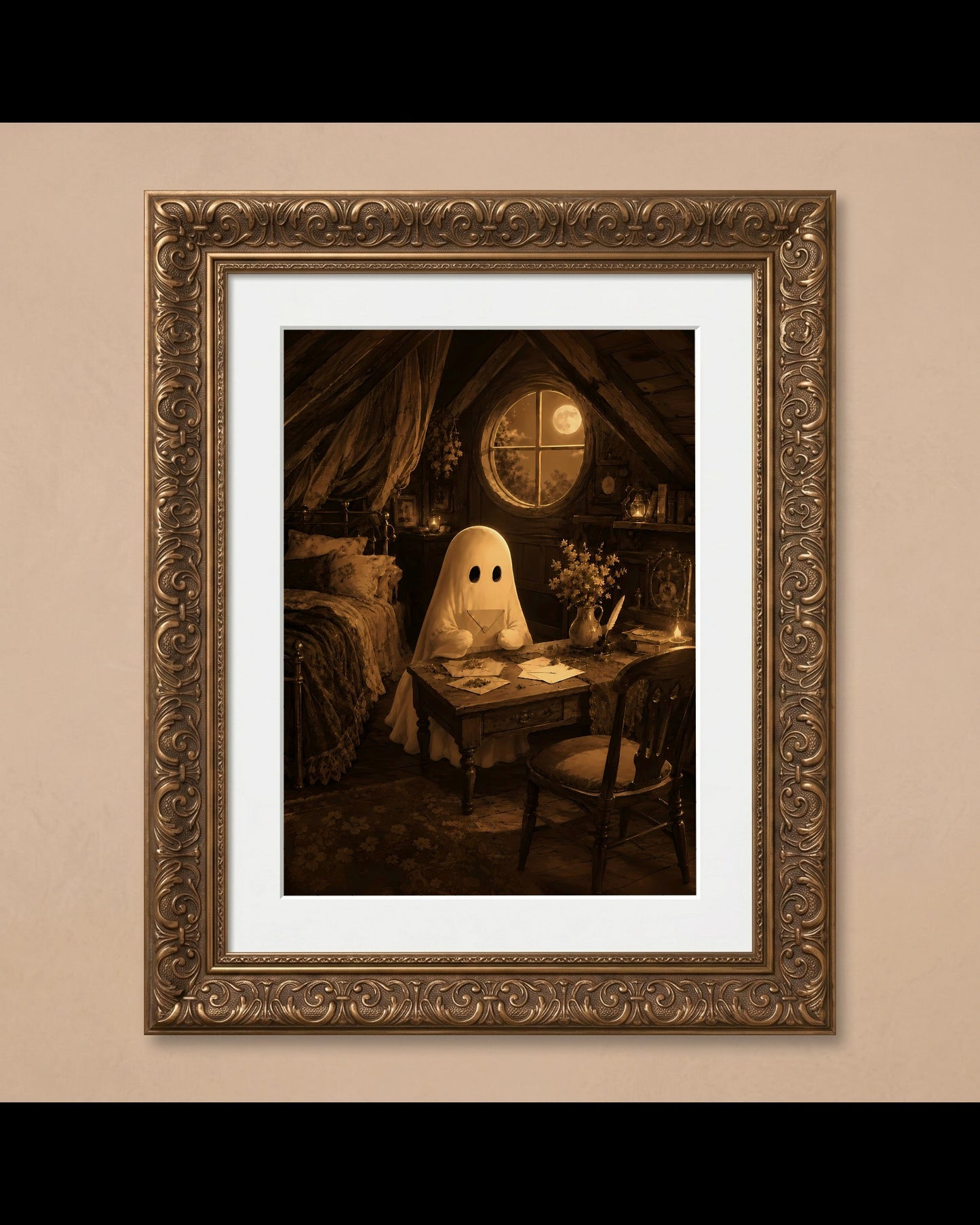Charming Ghost Writing Letters Scene | Halloween Wall Art Print | Seasonal Refresh
