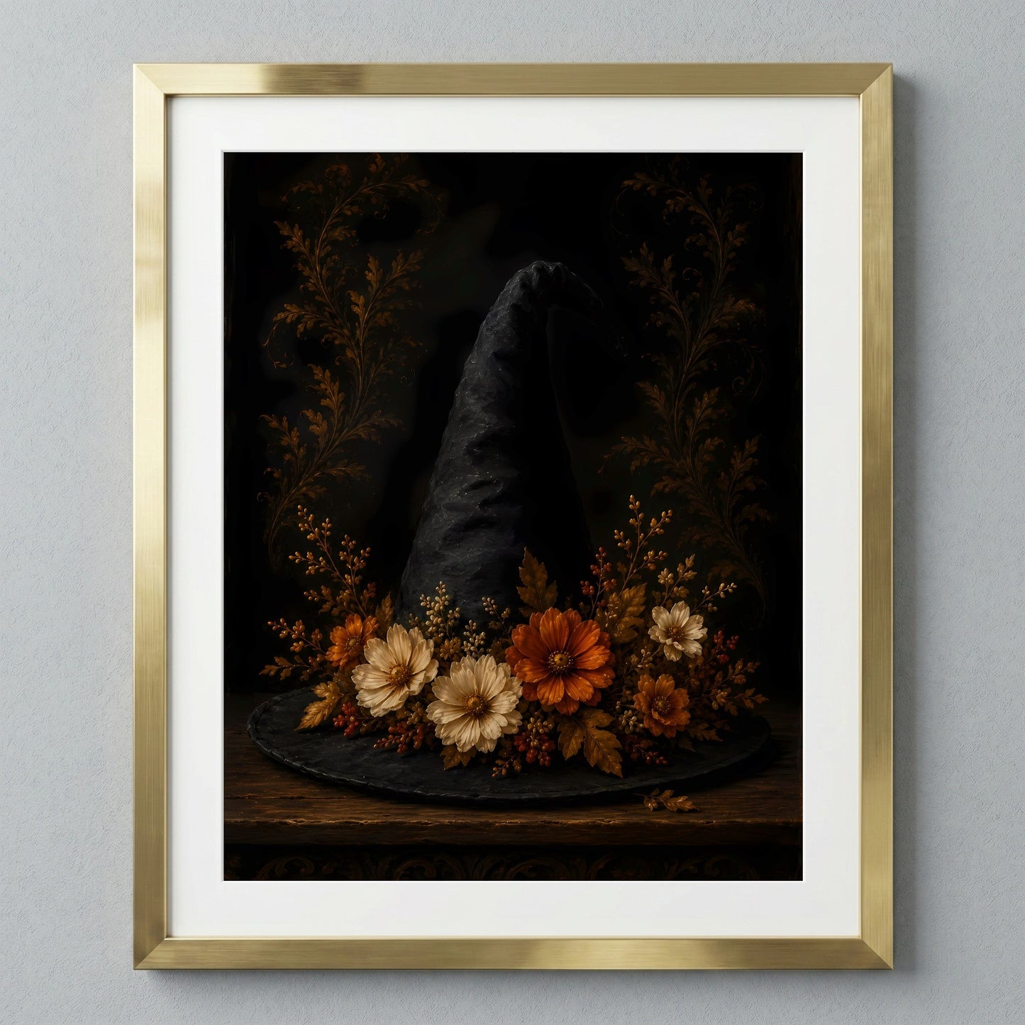 Elegant Black Hat with Autumn Florals | Autumn Wall Art Print | Seasonal Refresh