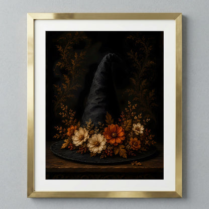 Elegant Black Hat with Autumn Florals | Autumn Wall Art Print | Seasonal Refresh