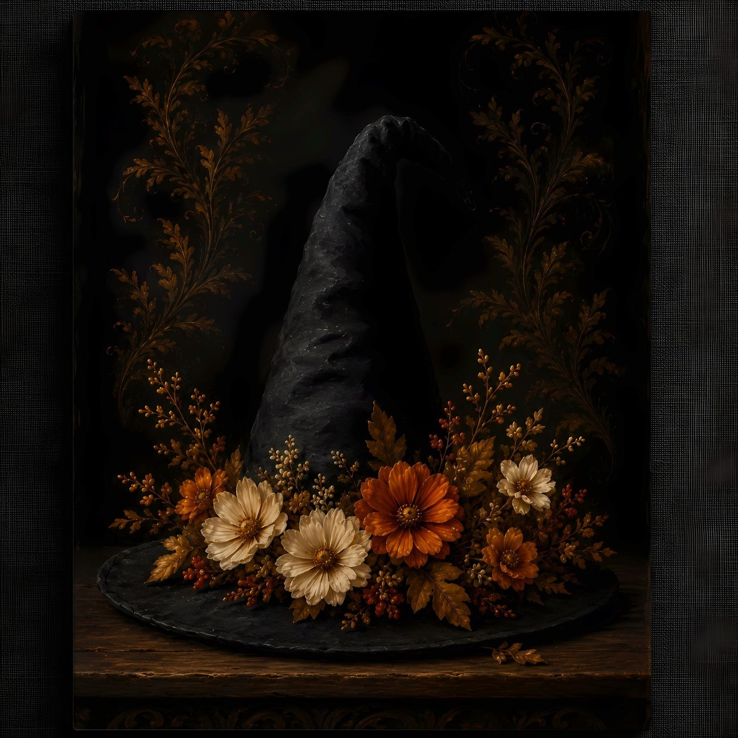 Elegant Black Hat with Autumn Florals | Autumn Wall Art Print | Seasonal Refresh
