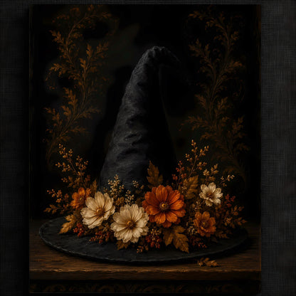 Elegant Black Hat with Autumn Florals | Autumn Wall Art Print | Seasonal Refresh