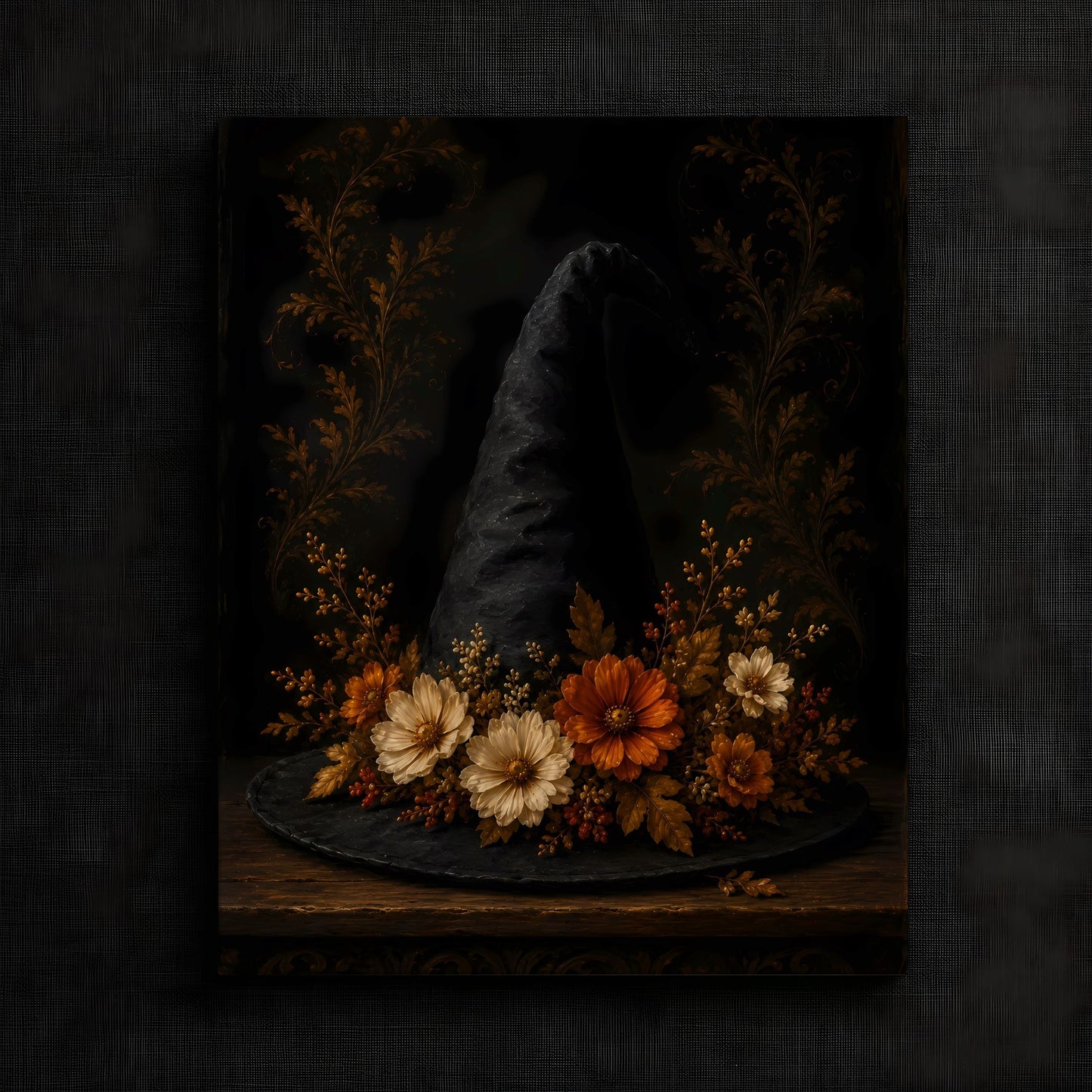Elegant Black Hat with Autumn Florals | Autumn Wall Art Print | Seasonal Refresh