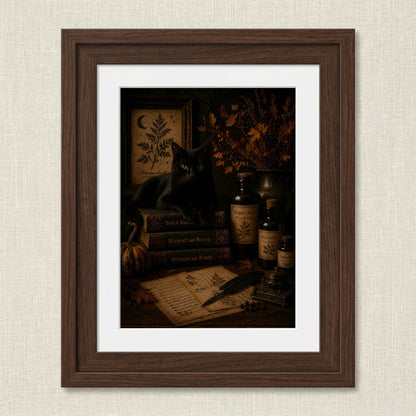 Enigmatic Feline Amongst Enchanted Tomes Print — image 1