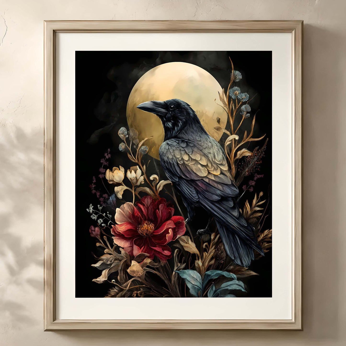 Enigmatic Raven with Floral Surrounding Print