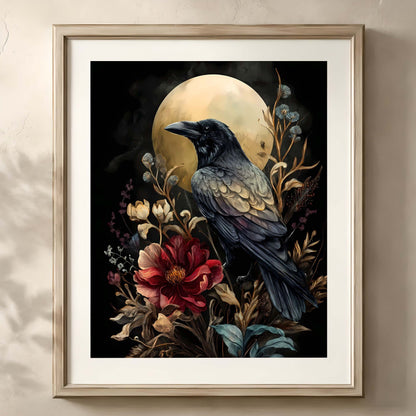 Enigmatic Raven with Floral Surrounding Print