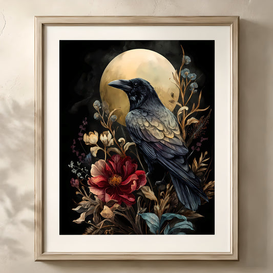 Enigmatic Raven with Floral Surrounding Print
