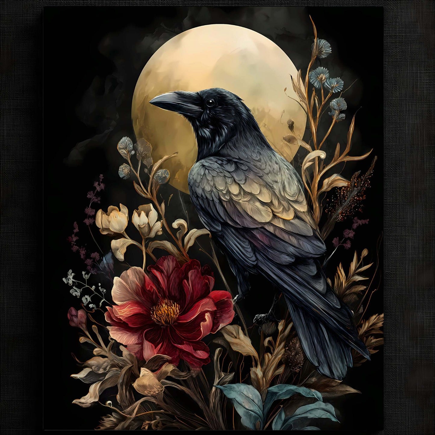 Enigmatic Raven with Floral Surrounding Print