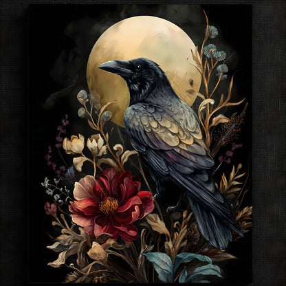 Enigmatic Raven with Floral Surrounding Print