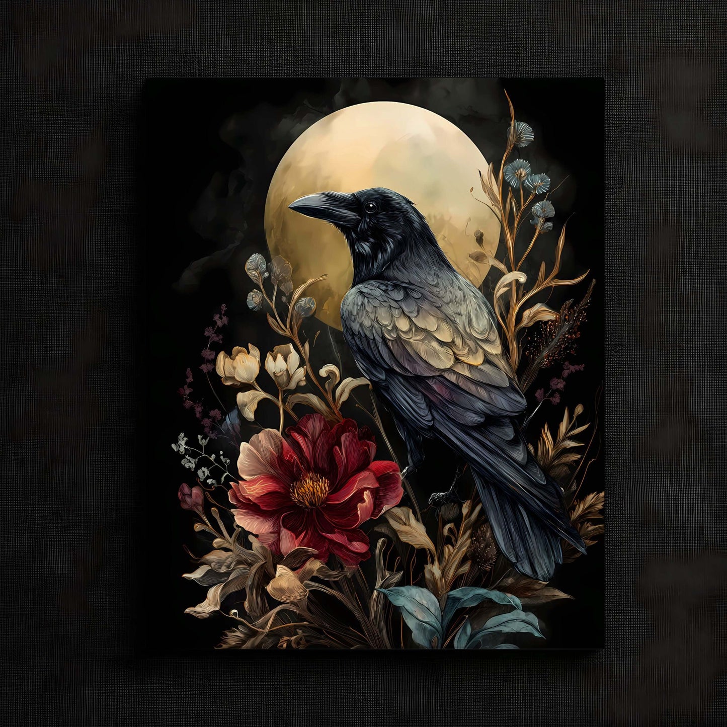Enigmatic Raven with Floral Surrounding Print
