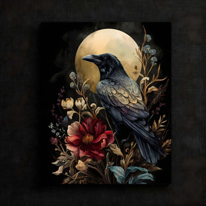 Enigmatic Raven with Floral Surrounding Print