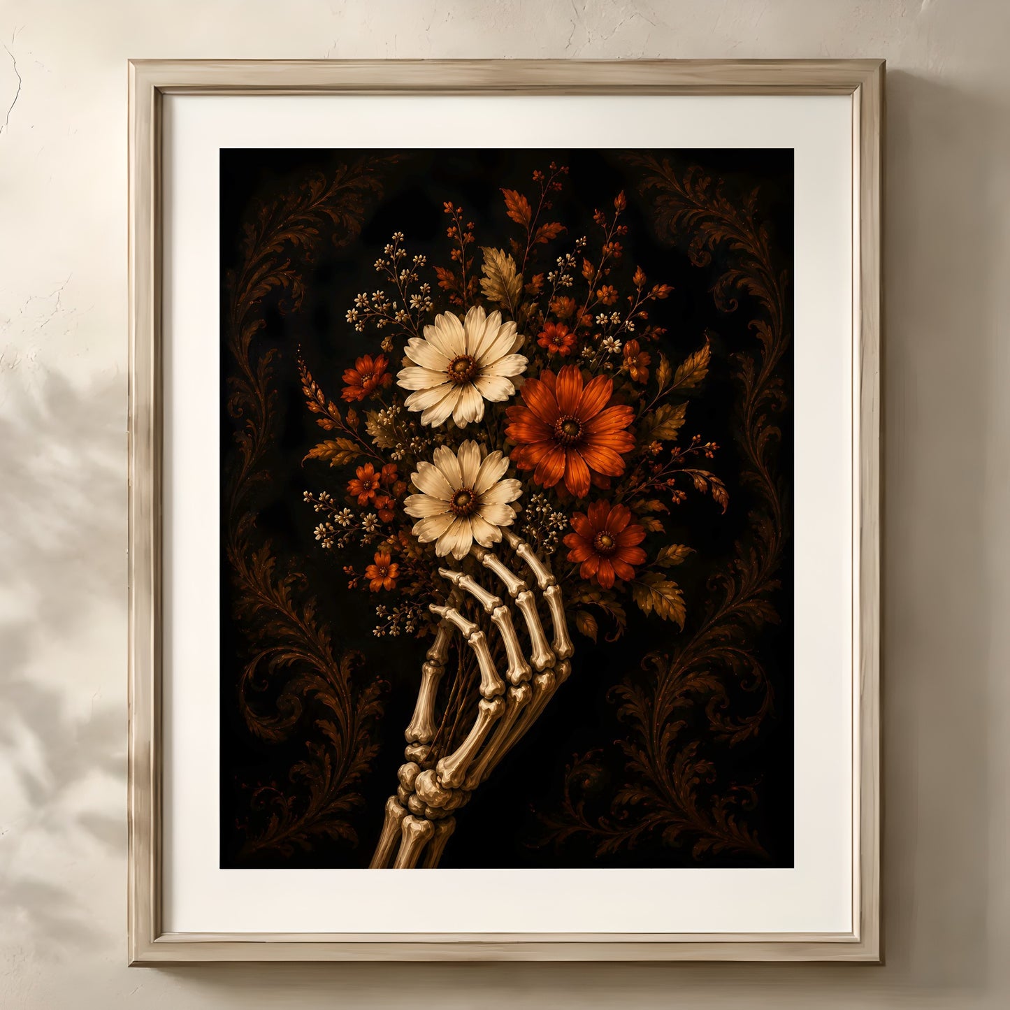Haunting Skeleton with Seasonal Flowers Print | Autumn Wall Art Print | Seasonal Refresh