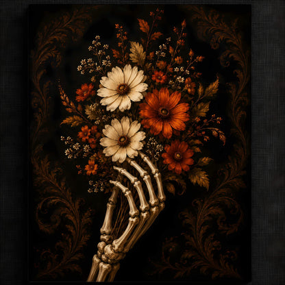 Haunting Skeleton with Seasonal Flowers Print | Autumn Wall Art Print | Seasonal Refresh