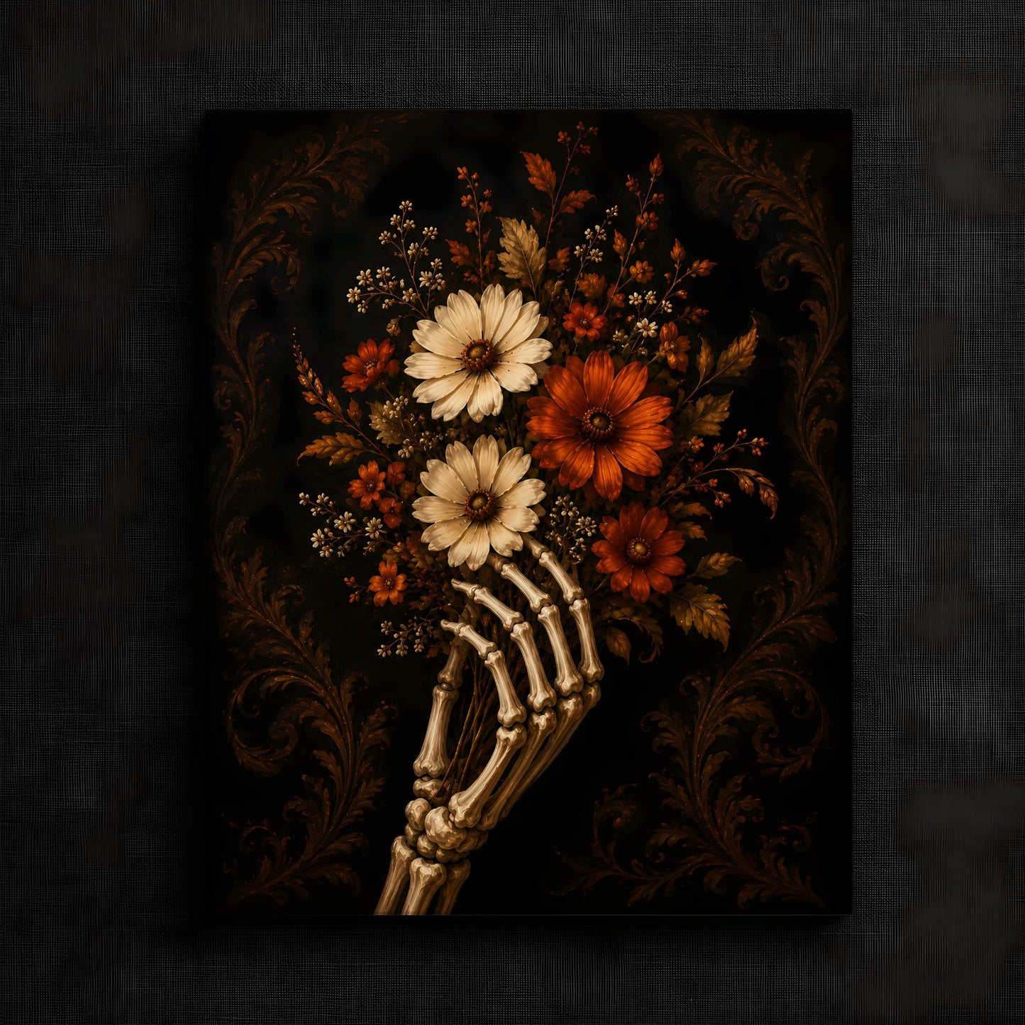 Haunting Skeleton with Seasonal Flowers Print | Autumn Wall Art Print | Seasonal Refresh