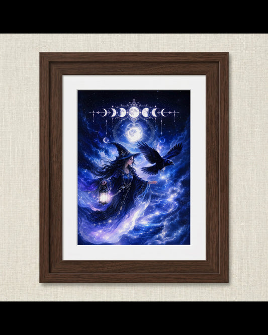 Mystical Witch in Starry Night Print | Halloween Wall Art Print | Seasonal Refresh