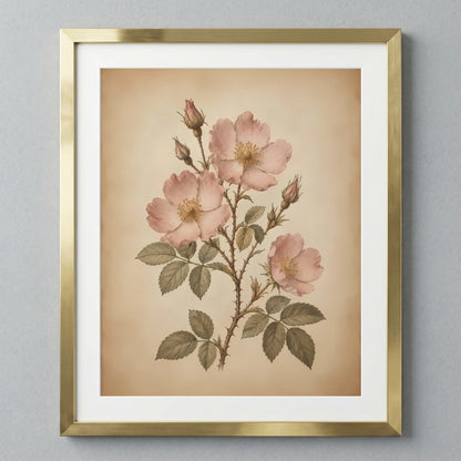 Soft Wild Rose Artwork — Framed vintage floral art featuring pink roses