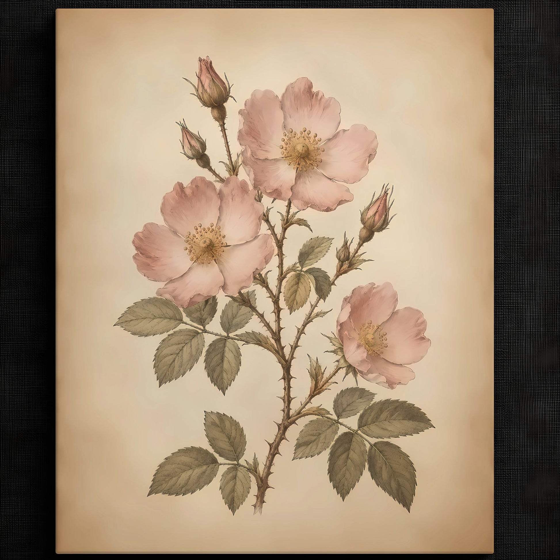 Soft Wild Rose Artwork — Vintage floral illustration of pink roses