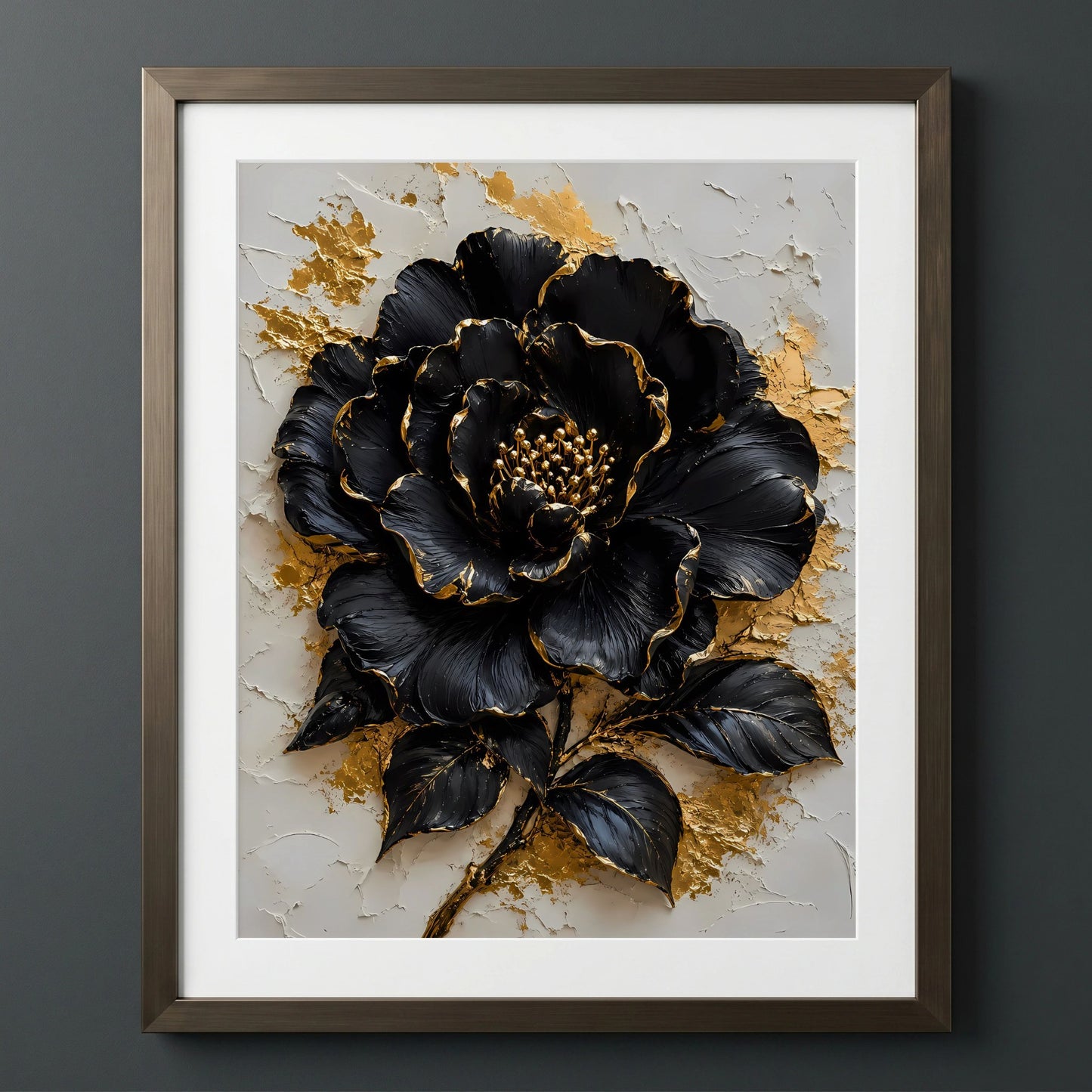 Sophisticated Floral Elegance — Black floral relief art with gold accents