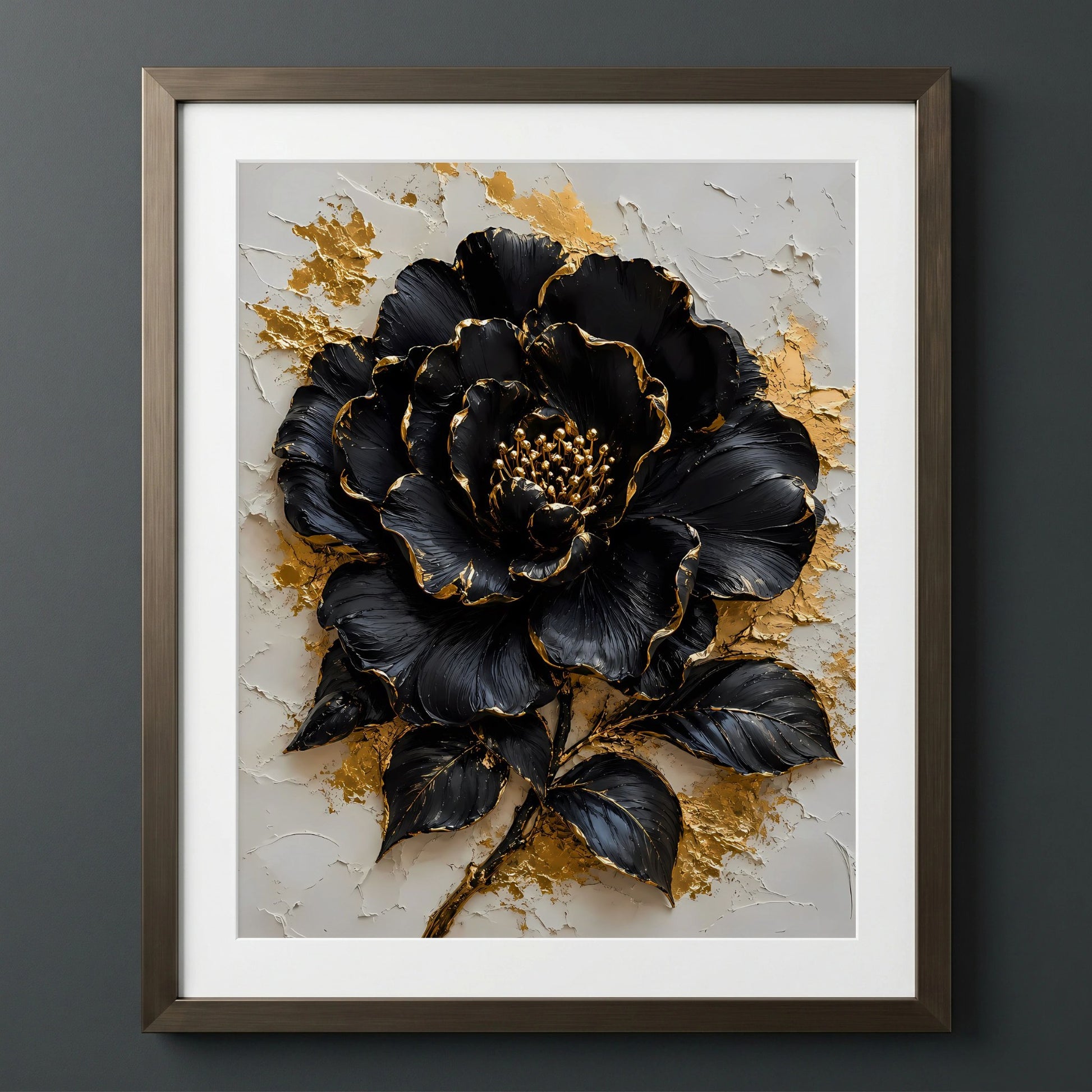 Sophisticated Floral Elegance — Black floral relief art with gold accents