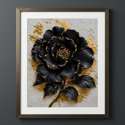 Sophisticated Floral Elegance — Black floral relief art with gold accents
