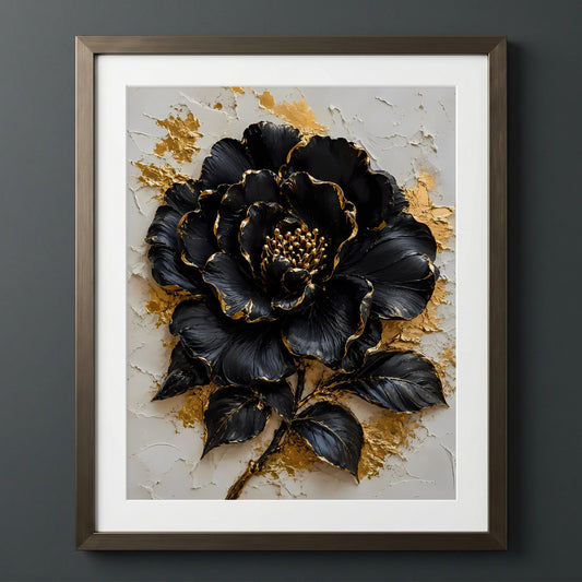 Sophisticated Floral Elegance — Black floral relief art with gold accents