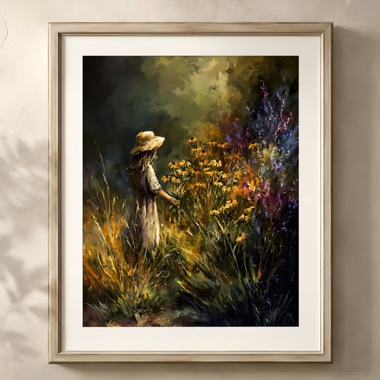 Tranquil Floral Embrace Artwork — Framed painting of girl in field flowers