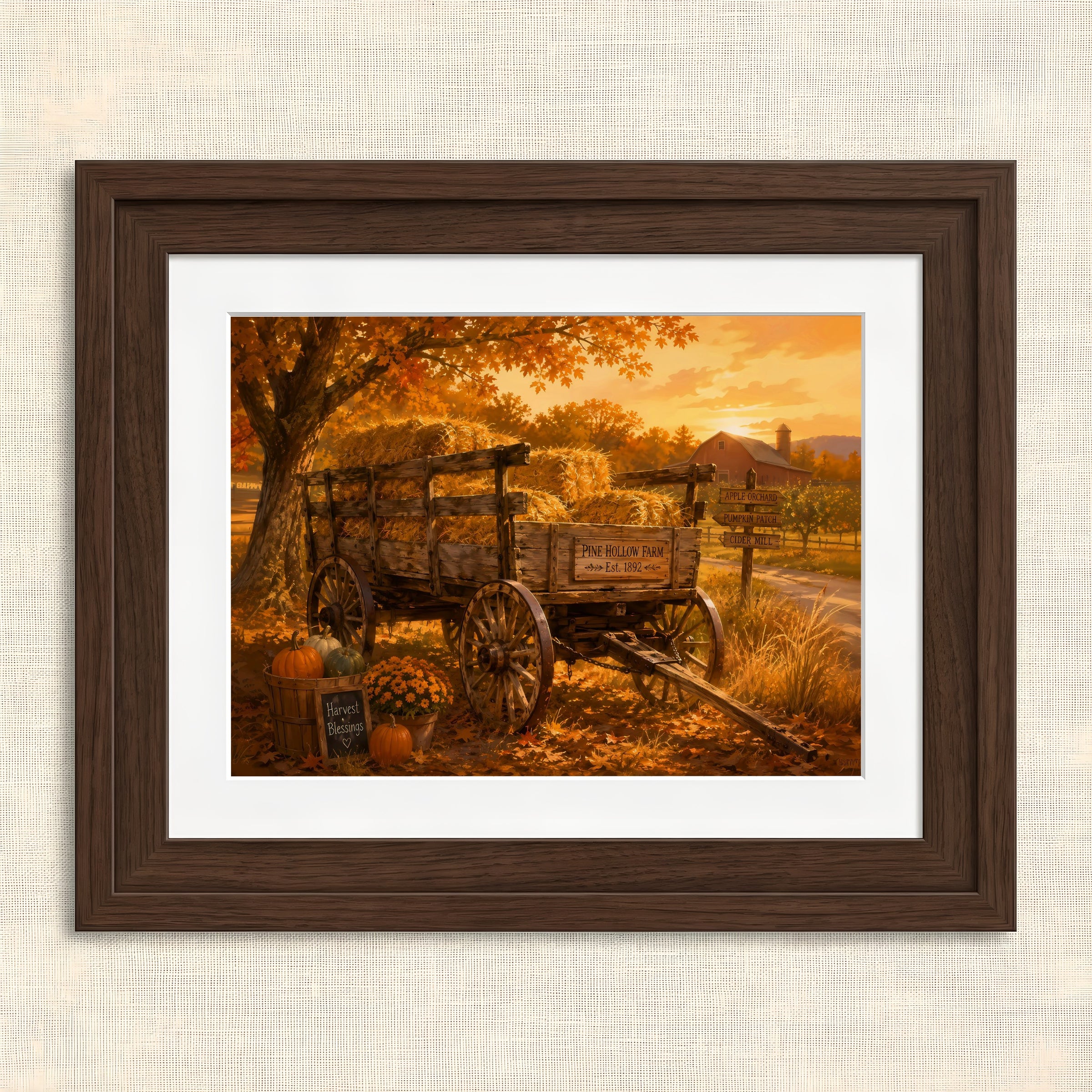 Warm Autumn Wagon Scene — Framed autumn scene with hay wagon and pumpkins