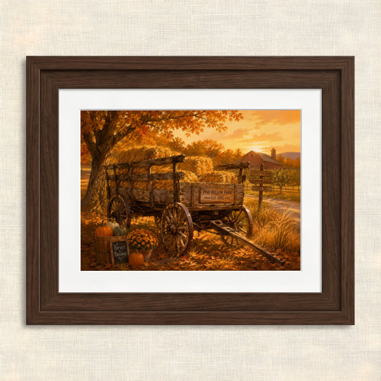 Warm Autumn Wagon Scene — Framed autumn scene with hay wagon and pumpkins