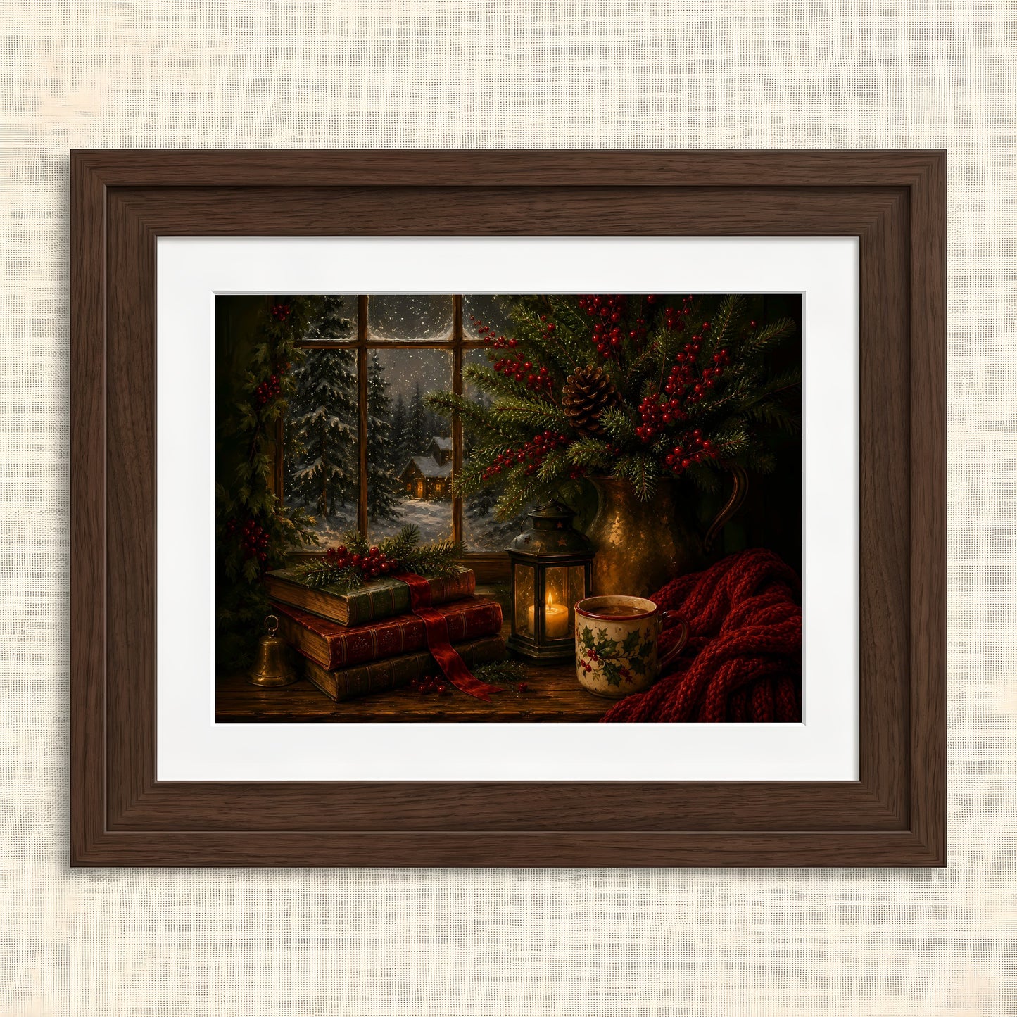 Warm Holiday Cabin Artwork — Framed winter scene with books and lantern