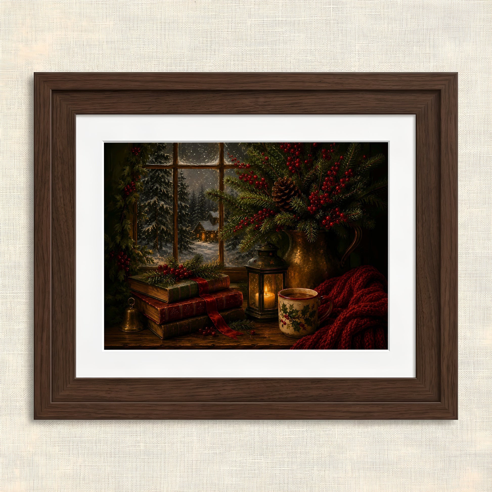 Warm Holiday Cabin Artwork — Framed winter scene with books and lantern