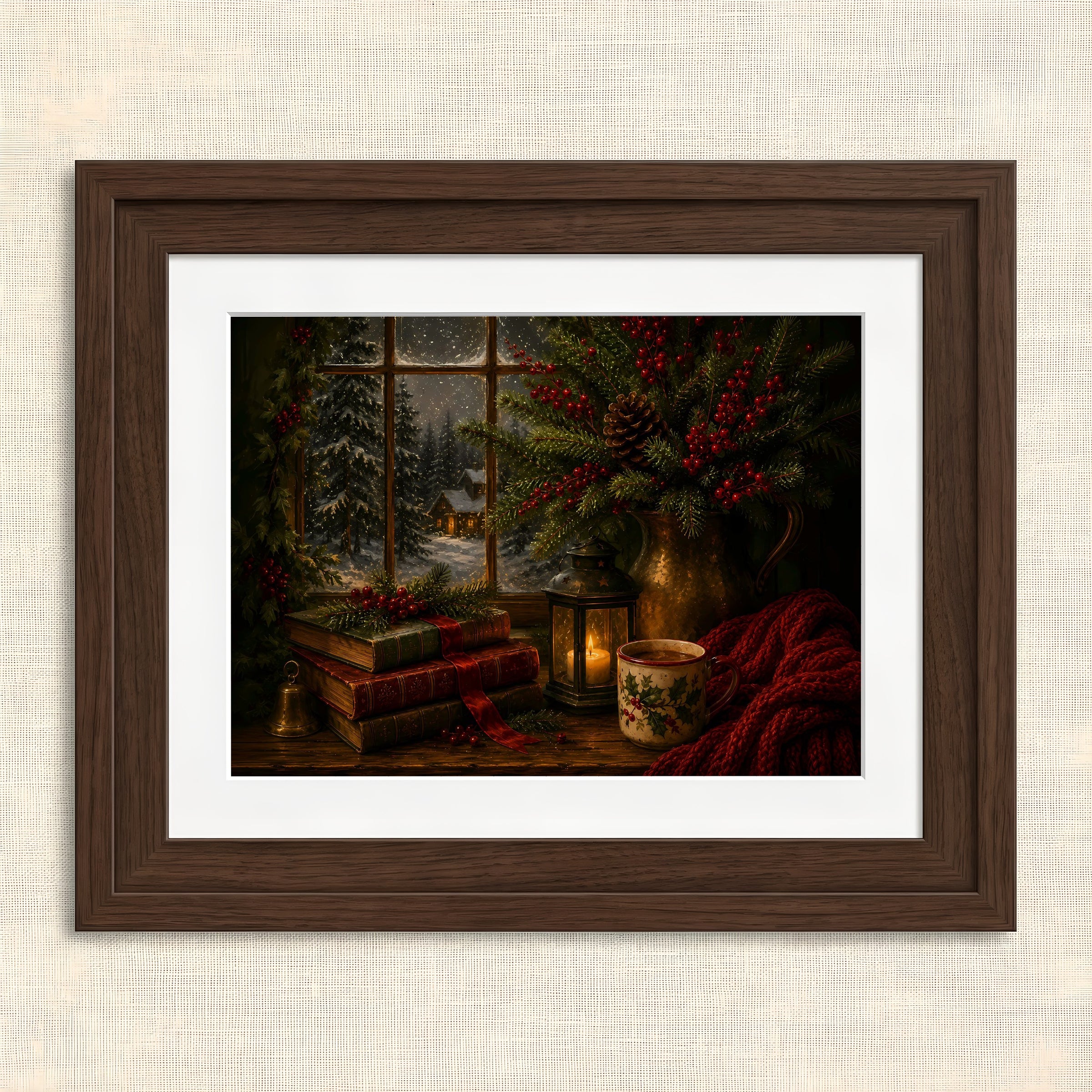 Warm Holiday Cabin Artwork — Framed winter scene with books and lantern