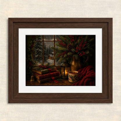 Warm Holiday Cabin Artwork — Framed winter scene with books and lantern