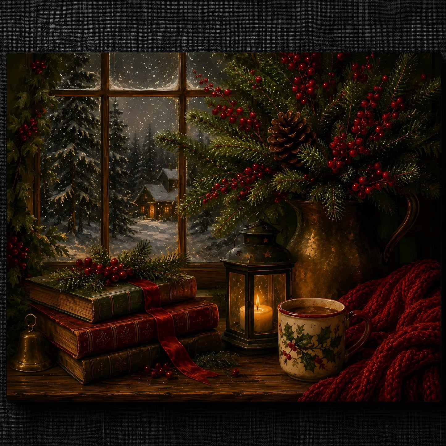 Warm Holiday Cabin Artwork — Cozy winter scene with books and lantern
