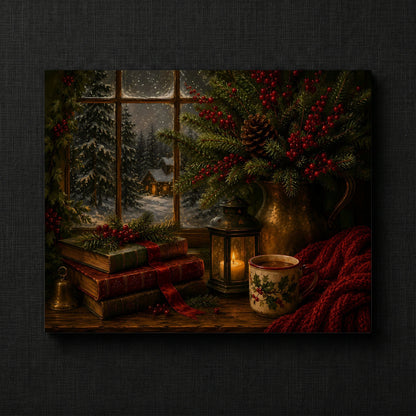 Warm Holiday Cabin Artwork — Cozy winter scene with books and lantern