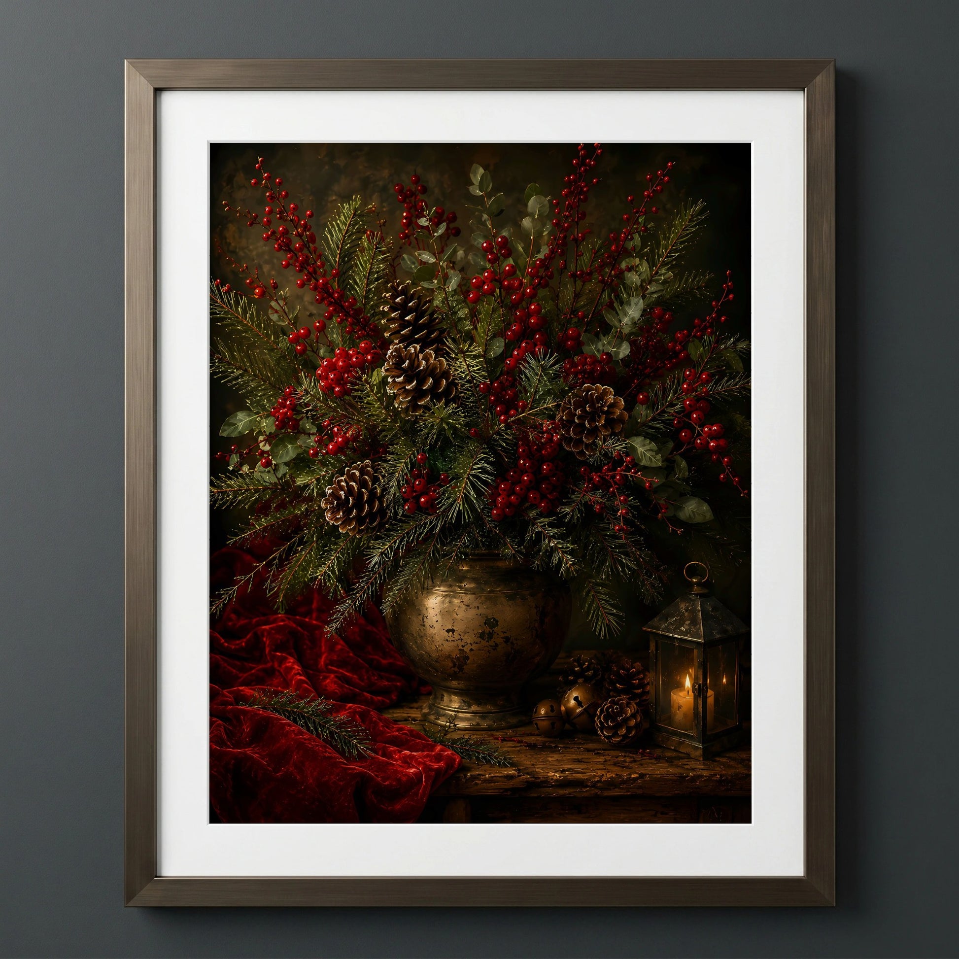 Warm Winter Centerpiece Wall Art — Framed floral arrangement with pinecones and berries