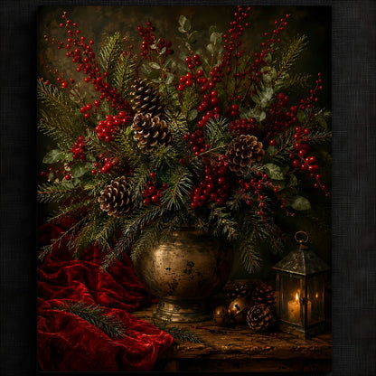 Warm Winter Centerpiece Wall Art — Festive arrangement with pinecones and red berries
