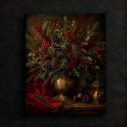 Warm Winter Centerpiece Wall Art — Festive arrangement of pinecones and red berries