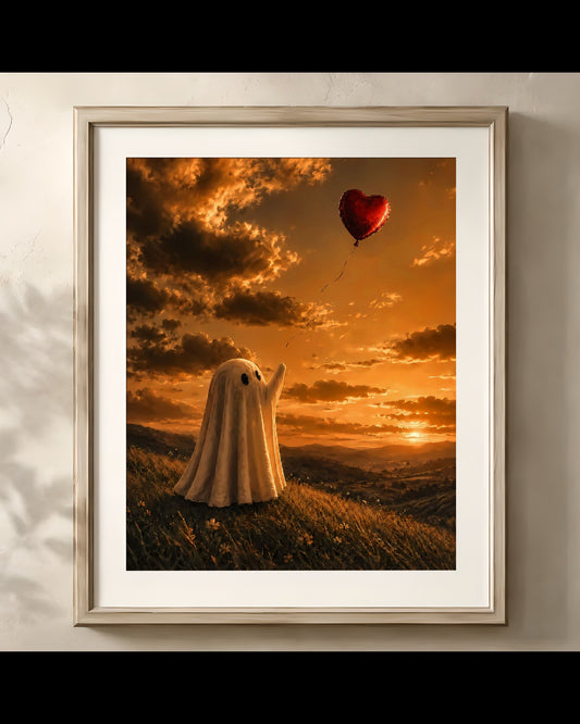 Whimsical Ghost Releasing Heart Balloon Print | Halloween Wall Art Print | Seasonal Refresh
