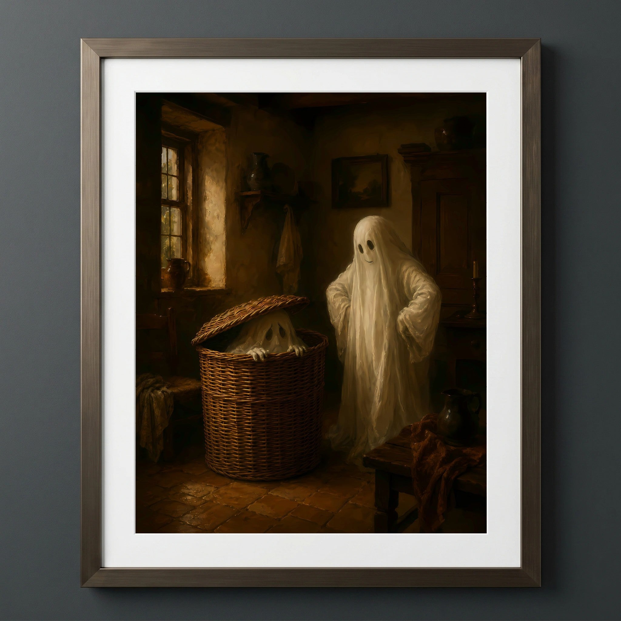 Whimsical Ghostly Encounter — Framed art of two ghosts in a room