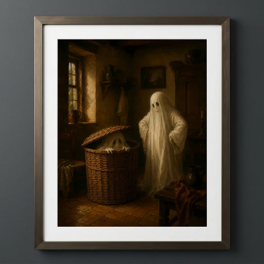 Whimsical Ghostly Encounter — Framed art of two ghosts in a room